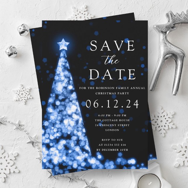 Convite Festa De Natal Salve A Data Blue Tree Glam (Christmas Party Save The Date Blue Tree Glam Invitation)