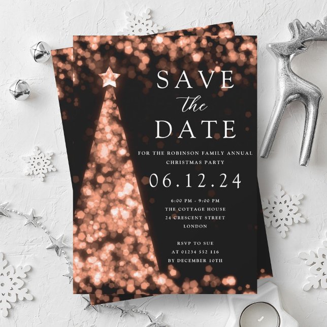 Convite Festa De Natal Salve A Rosa Da Árvore Dourada Glam (Christmas Party Save The Date Rose Gold Tree Glam Invitation)