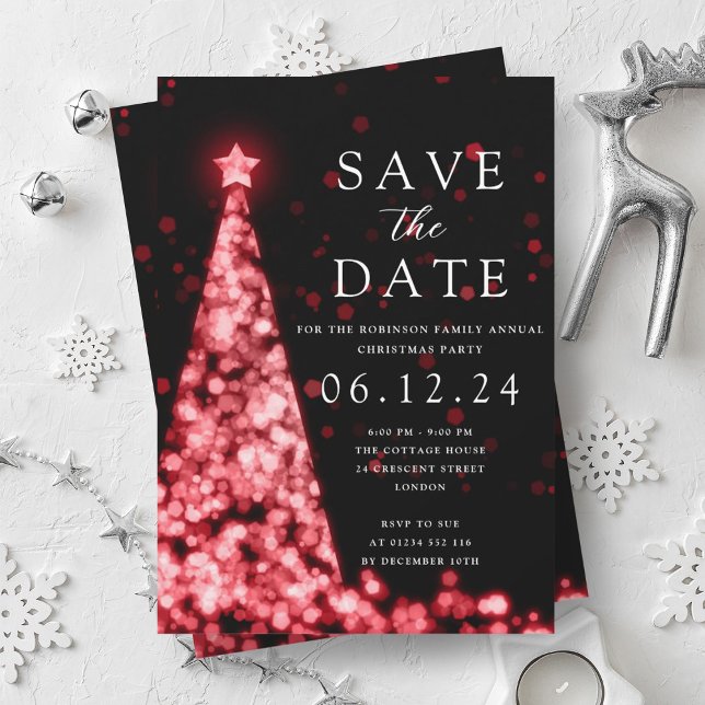 Convite Festa De Natal Salve O Glam Vermelho Da Árvore De  (Christmas Party Save The Date Tree Glam Red Invitation)