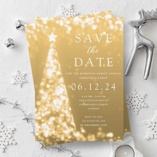 Convite Festa De Natal Salve O Glama Da Árvore Dourada Da  (Christmas Party Save The Date Gold Tree Glam Invitation)