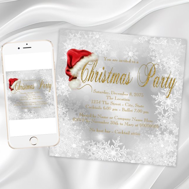Convite Festa de Natal Santa Hat Snowflake (Santa hat snowflake Christmas party invitations. Instant download and printed invitations available.)