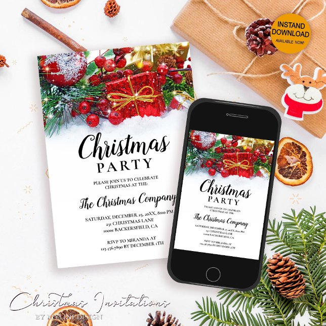 Convite Festa de Natal Simples Festiva Holly Berries (Criador carregado)