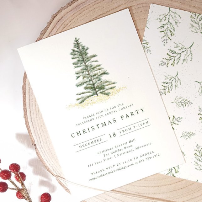 Convite Festa de Natal Simples Vintage Evergreen (Elegant vintage christmas tree holiday party invitation)