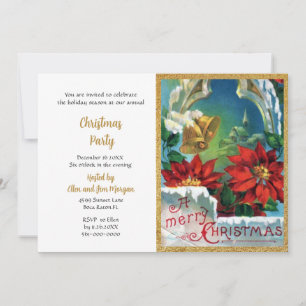 Convite Festa de Natal Sinetas Douradas Poinsettia Vermelh