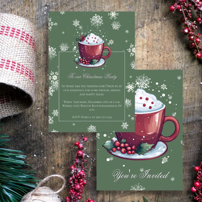 Convite Festa de Natal Verde do Feriado de Chocolate Quent (Green Christmas Cup of Hot Chocolate Party Invitation)