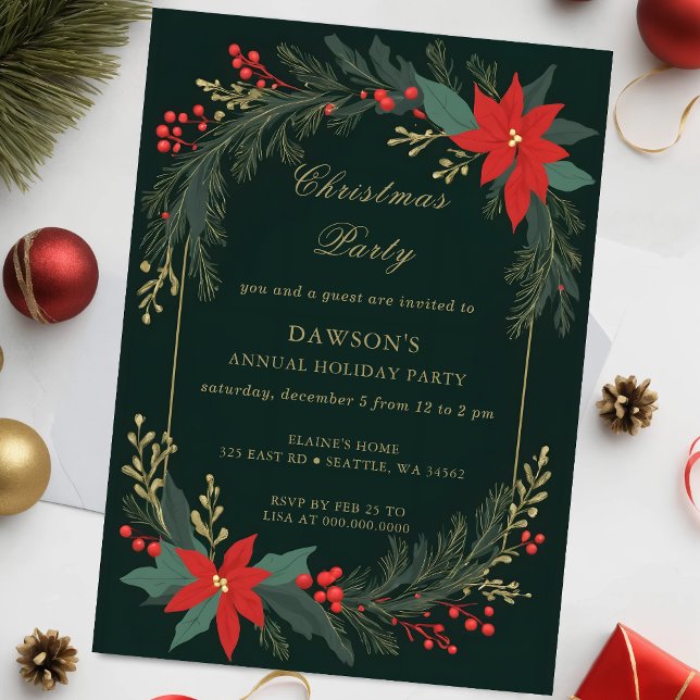 Convite Festa de Natal Verde Floral de inverno (Winter Floral Green Gold Christmas Party Invitation)