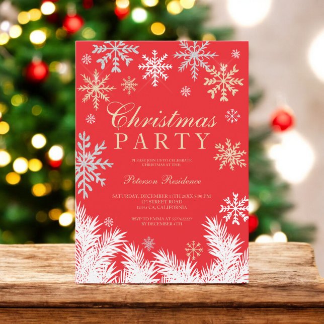 Convite Festa de natal vermelha de pinheiro com floco de n (Modern snowflake pine red winter Christmas party Invitation)