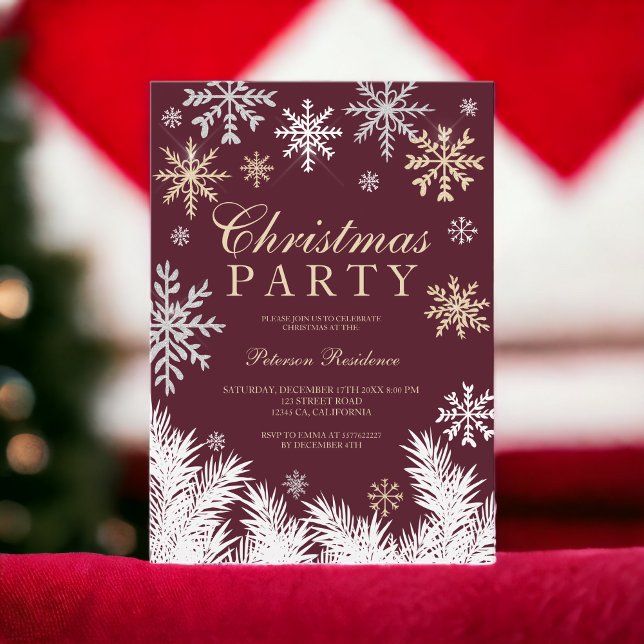 Convite Festa de natal vermelha de pinheiro com floco de n (Modern snowflake pine red winter Christmas party Invitation)