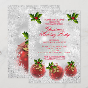 Convite Festa de Natal Vermelho Azevinho Enfeite Prata