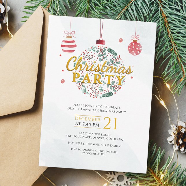 Convite Festa de Natal Vermelho e Dourado (Christmas Holidays Baubles Modern Party Invitation)