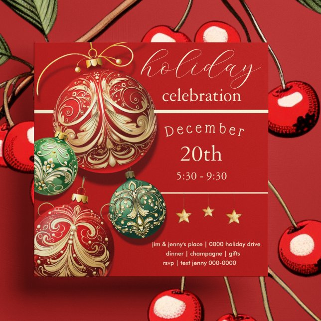 Convite Festa de Natal Vermelho e Verde (Red and green Christmas ornament Holdiay party and celebration invitation)