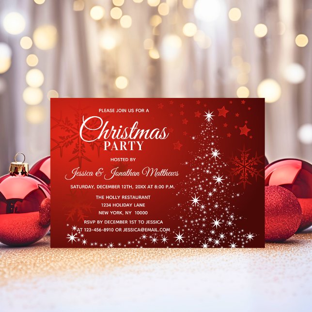 Convite FESTA DE NATAL Vermelho Flocos de Neve Brancos Flo (Red CHRISTMAS PARTY White Snowflakes Tree Sparkle Invitation)
