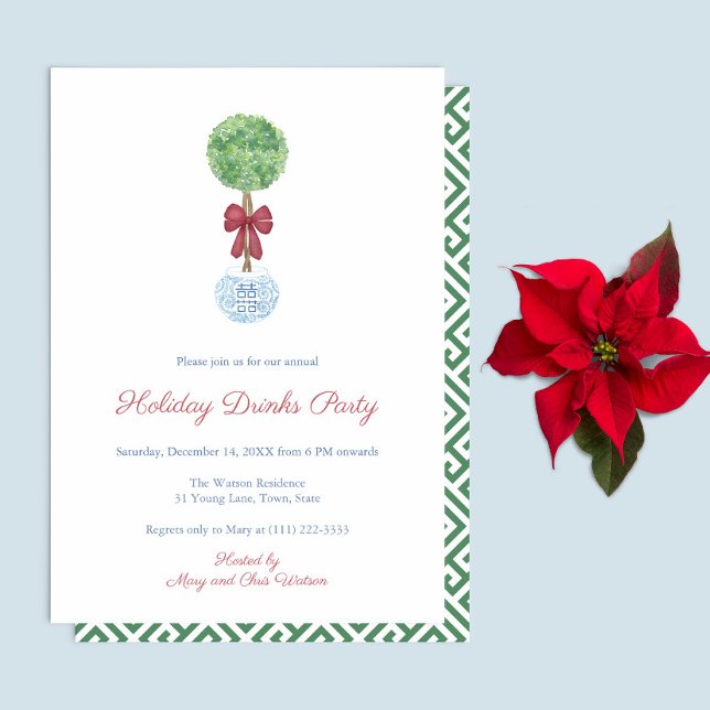 Convite Festa de Natal Vermelho Verde, em Árvore de pré-di (Preppy Boxwood topiary with red bow Holiday Drinks Party Invite. Reverse is green white greek key)