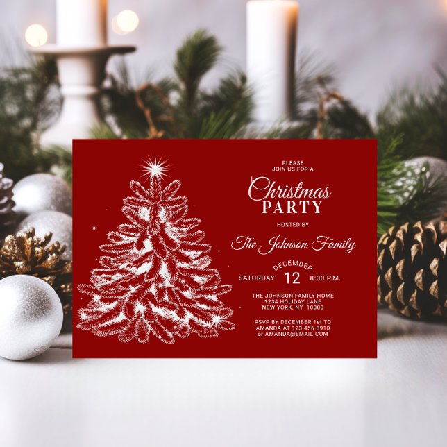 Convite FESTA DE NATAL Vermelho White Stars Pine Tree (CHRISTMAS PARTY Red White Stars Pine Tree Invitation)
