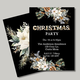 Convite Festa de Natal Vintage Black and Dourado Greenery
