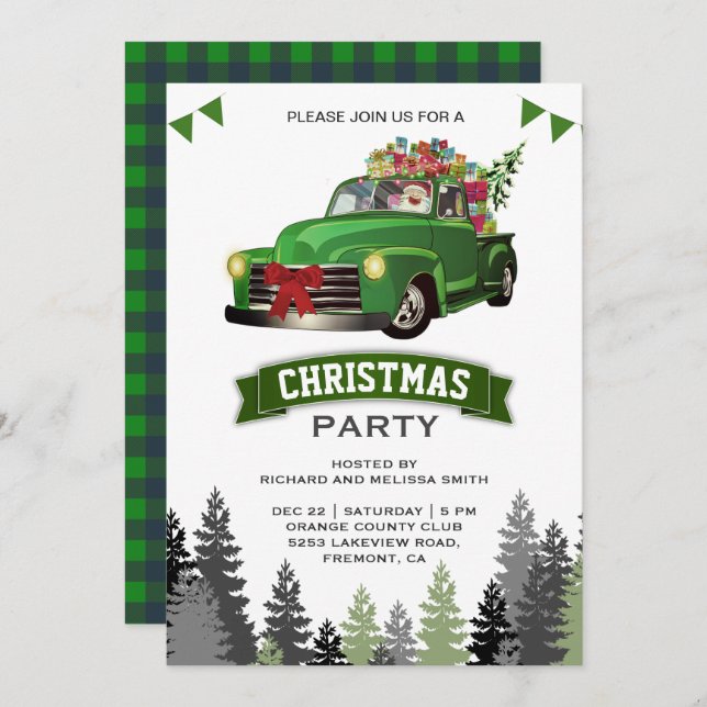 Convite Festa de Natal Vintage Green Truck (Frente/Verso)