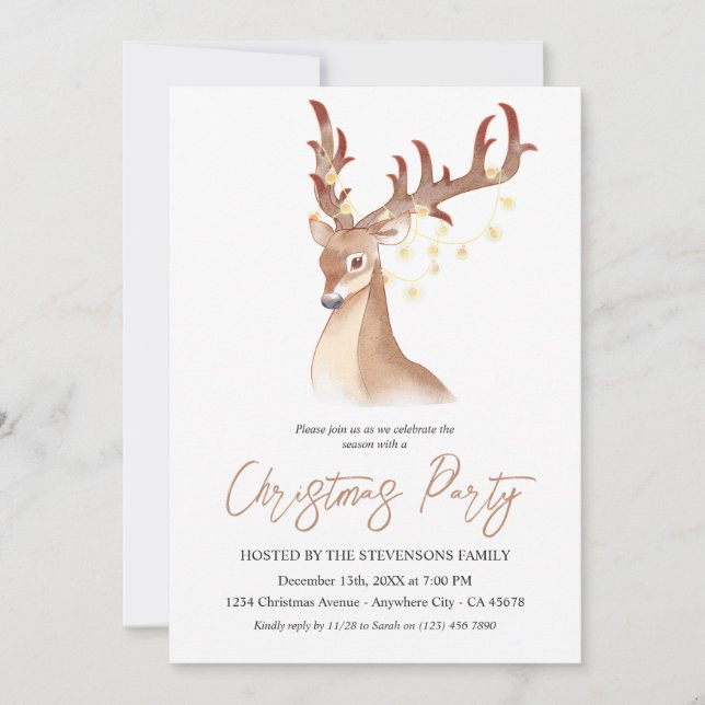 Convite Festa de Natal Watercolor Brown Deer Elegante Chic (Frente)