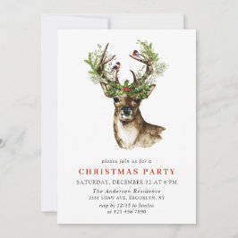Convite Festa de Natal Watercolor Deer Mistletoe Wreath