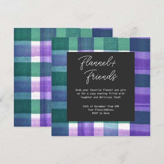 Convite Festa de Natal Watercolor Plaid Flannel & Friends (Frente/Verso)