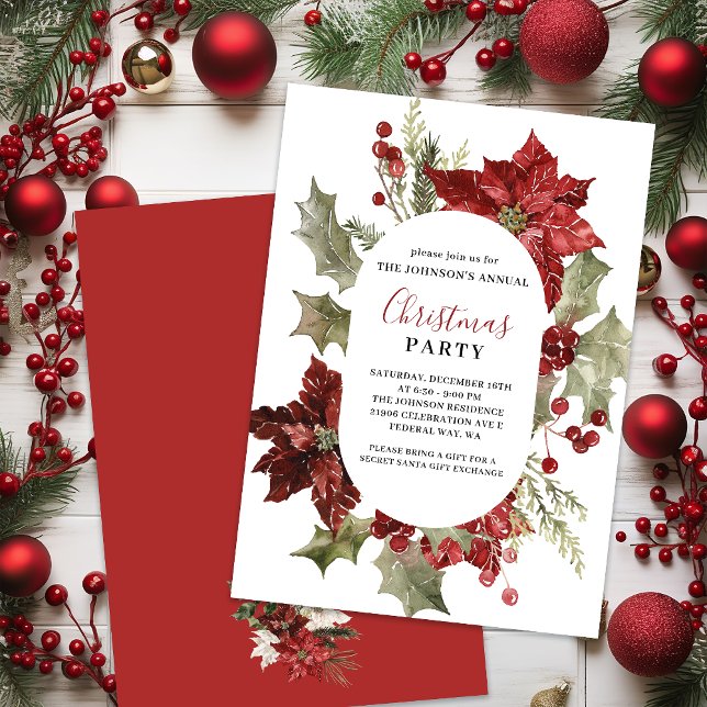 Convite Festa de Natal Watercolor Poinsettia Wreath (Christmas Party Watercolor Poinsettia Wreath Invitation
)