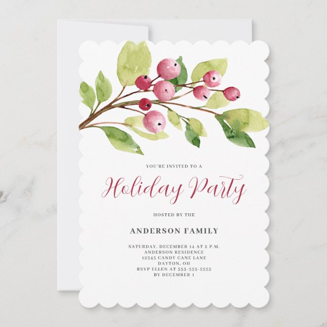 Convite Festa de Natal Watercolor Red Berry (Frente)