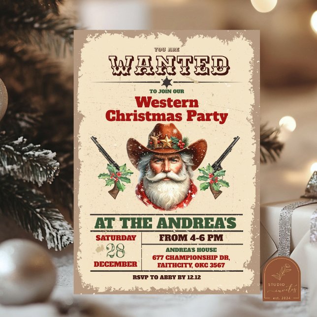 Convite Festa de Natal Western do Cowboy Procurado (Criador carregado)