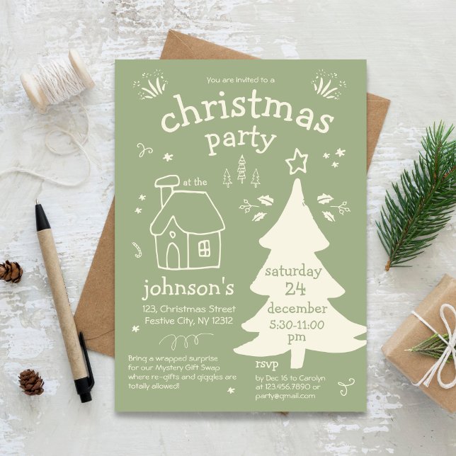 Convite Festa de Natal Whimsso com Árvore e Algodão (Whimsical Christmas Party with Tree and Cottage Invitation)