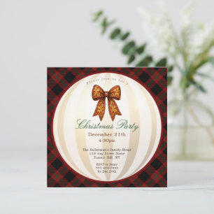 Convite Festa de Natal Xadrez Tartan Vermelho Laço Vintage