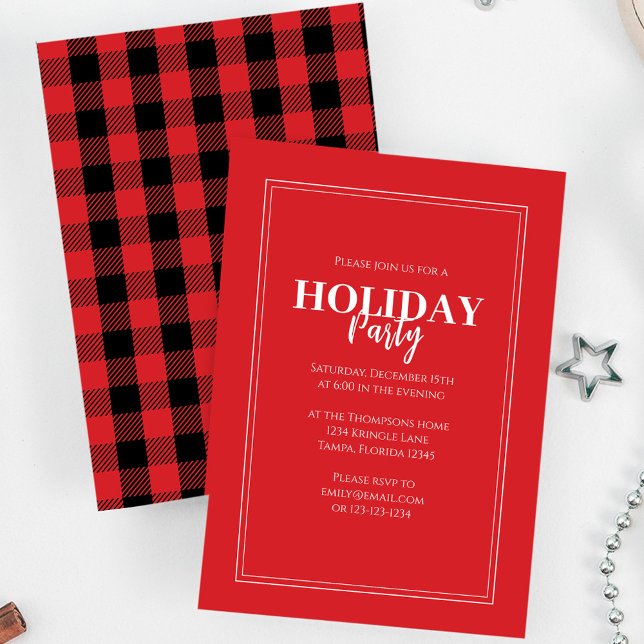 Convite Festa de Natal - Xadrez Vermelha russa de Buffalo (Holiday red and black buffalo check patterned invitation with a simple white border.)
