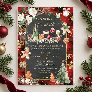 Convite Festa de Natal Xadrez Vermelho Preto Biscoitos Coq