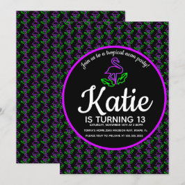 Convite Festa de Neon Flamingo Glowing Tropical Roxo