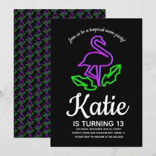 Convite Festa de Neon Flamingo Tropical Teen Glow