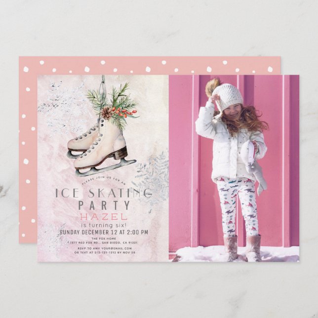 Convite Festa de Neve, Floco de Neve, Rosa, Foto de Aniver (Frente/Verso)