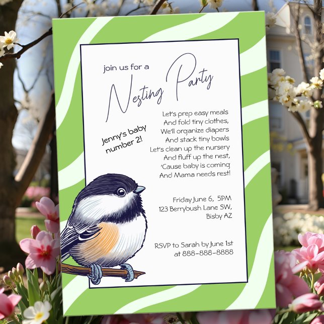 Convite Festa de Ninho Verde Chickadee, Chá de fraldas cha (Chickadee Nesting Party Invitation with playful poem & soft green stripes for supportive baby shower)