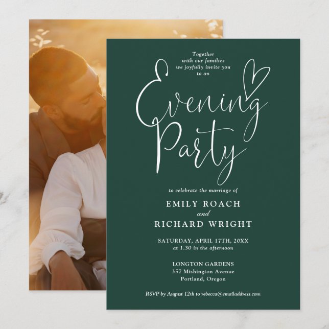 Convite Festa de Noite de Casamento com Foto e Letra Verde (Frente/Verso)