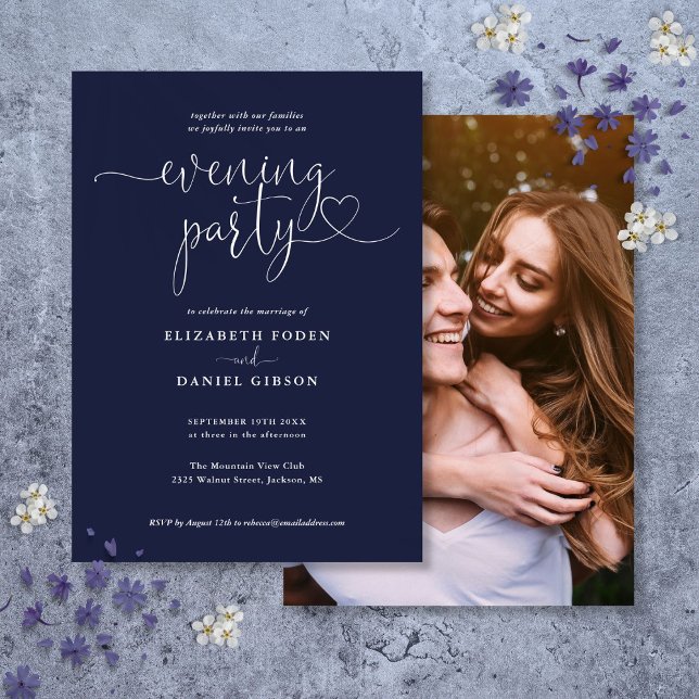 Convite Festa de Noite de Casamento com Foto em Script Azu (Navy Blue Script Photo Wedding Evening Party Invitation)