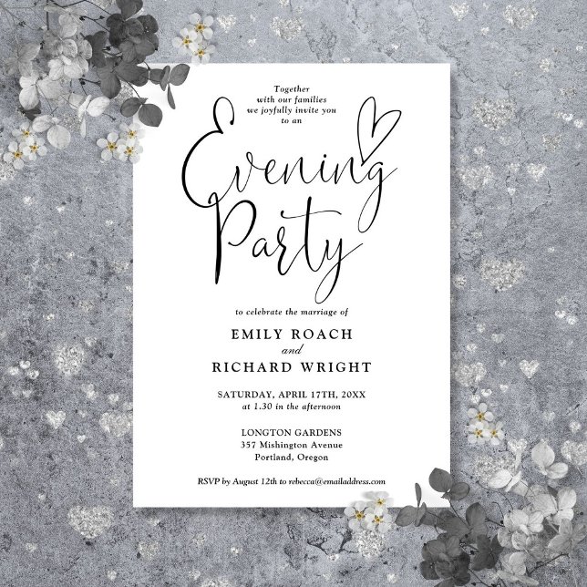 Convite Festa de Noite de Casamento com Roteiro Preto e Br (Black And White Script Wedding Evening Party Invitation)