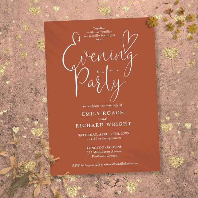 Convite Festa de Noite de Casamento Elegante Script Terrac (Elegant Script Terracotta Wedding Evening Party Invitation)