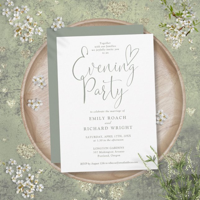 Convite Festa de Noite de Casamento em Verde Sage com Graf (Elegant Script Sage Green Wedding Evening Party Invitation)