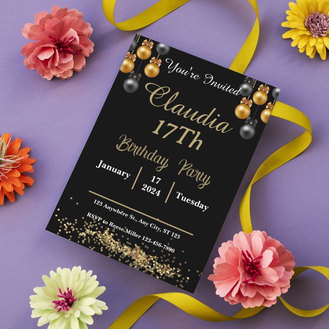 Convite Festa de Noite do Baile de formatura Moderno Doura (Elegant Black & Gold Prom Night Party Invitation)