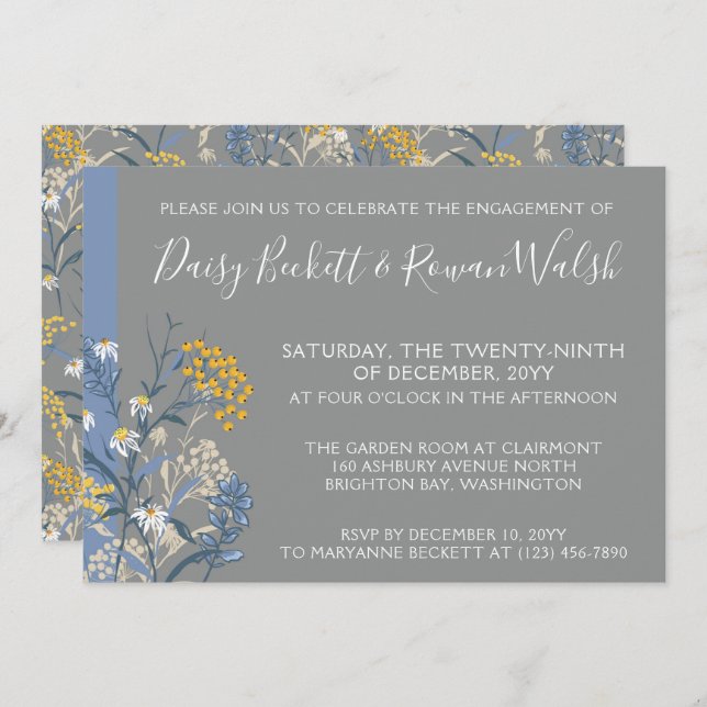 Convite Festa de noivado Amarelo e Marinho margarida botân (Frente/Verso)