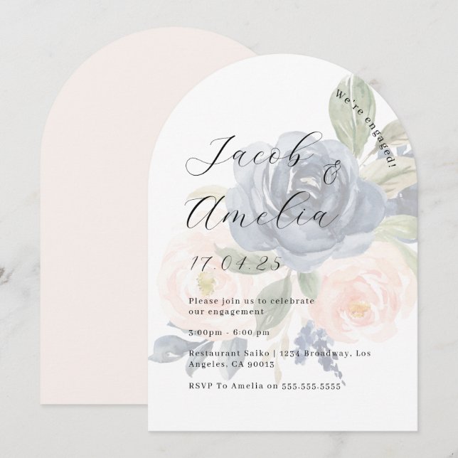 Convite Festa de Noivado Arco Naval Floral Blush Moderna   (Frente/Verso)