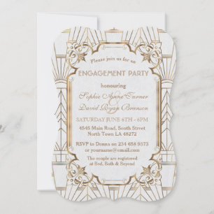 Convite Festa de Noivado Art Déco Ouro Branco Great Gatsby
