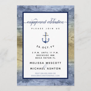 Convite Festa de noivado Azul Dourado Aquarela #Náutico