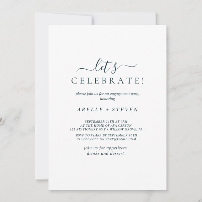 Convite Festa de noivado azul e branca simples (Frente)