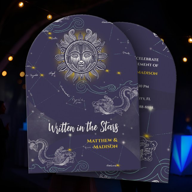 Convite Festa de noivado Azul Escuro do Mapa Celestial da  (Celestial Engagement Party Invitation: Starry Sky Map with Sun and Constellations in Midnight Blue)