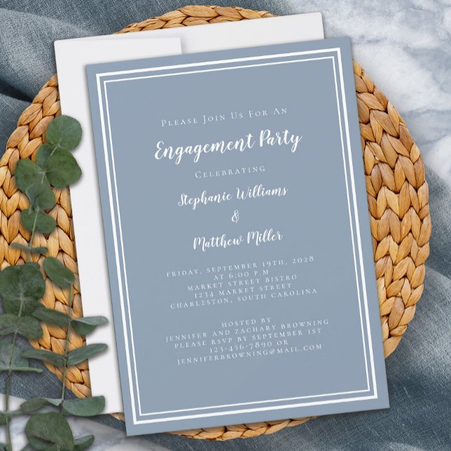 Convite Festa de noivado Azul Simples Dusty Minimalista (Minimalist Simple Dusty Blue Engagement Party Invitation)