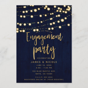 Convite Festa de Noivado Blue Gold Rustic Wood & Lights