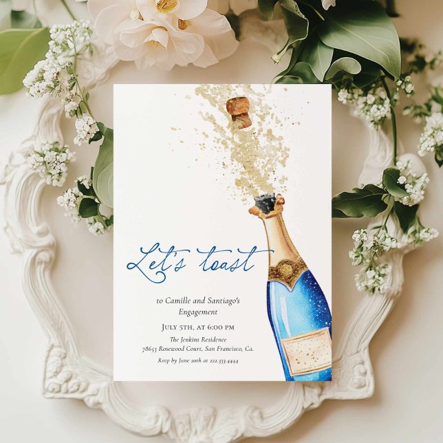 Convite Festa de Noivado Blue Let's Toast Casais (Blue Let's Toast Engagement party invitation)