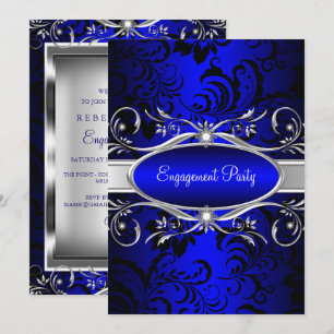 Convite Festa de Noivado Blue Silver Floral Swirl